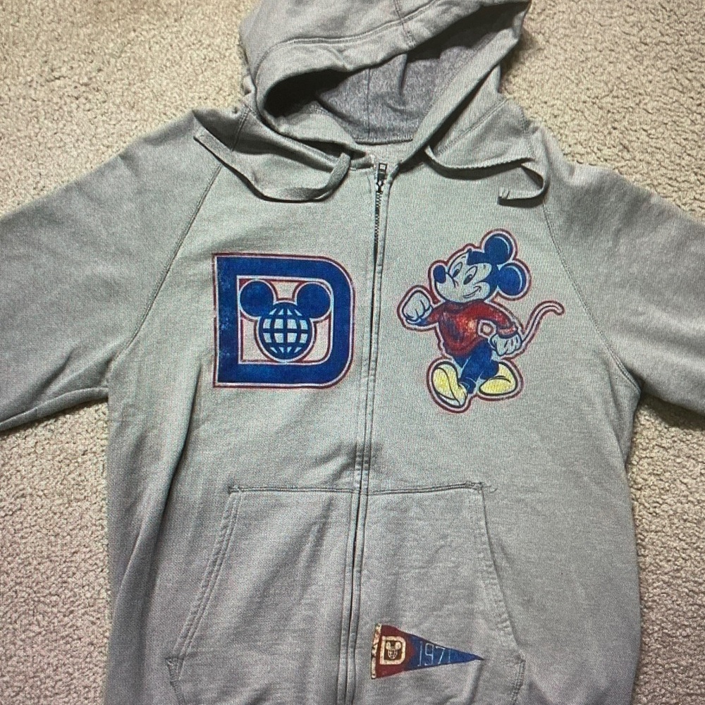 Disney Light Gray Mickey Mouse Zip Hoodie with Blue Patch Details